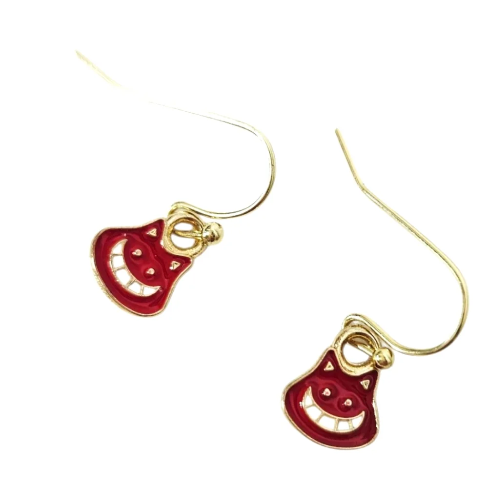 Cheshire Cat Dangle Earrings Red Enamel Gold Halloween Cat Jewelry - Picture 4 of 5